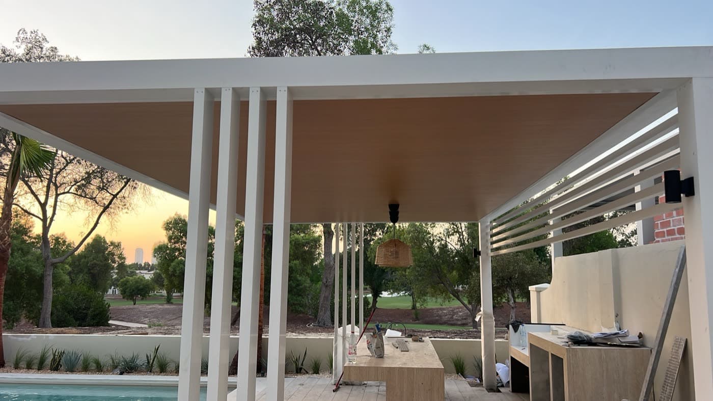 Pergola and pool at dusk
